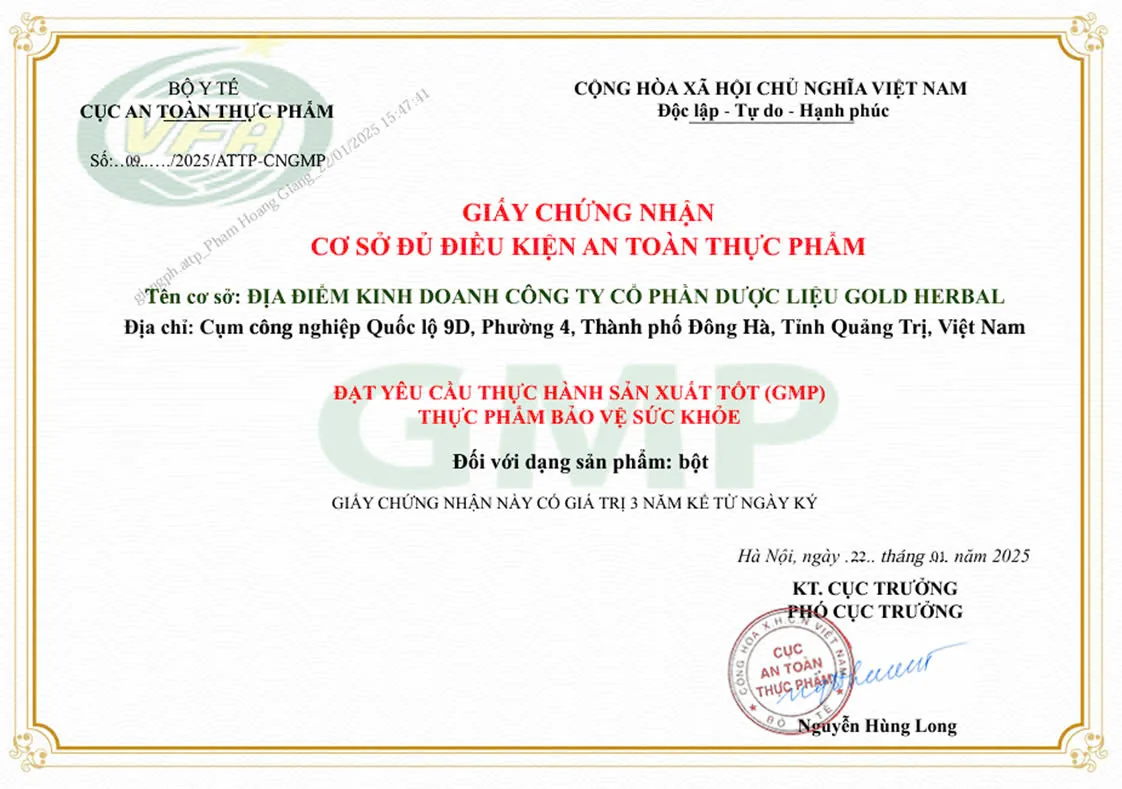 Giấy chứng nhận cơ sở đủ điều kiện an toàn thực phẩm Gold Herbal